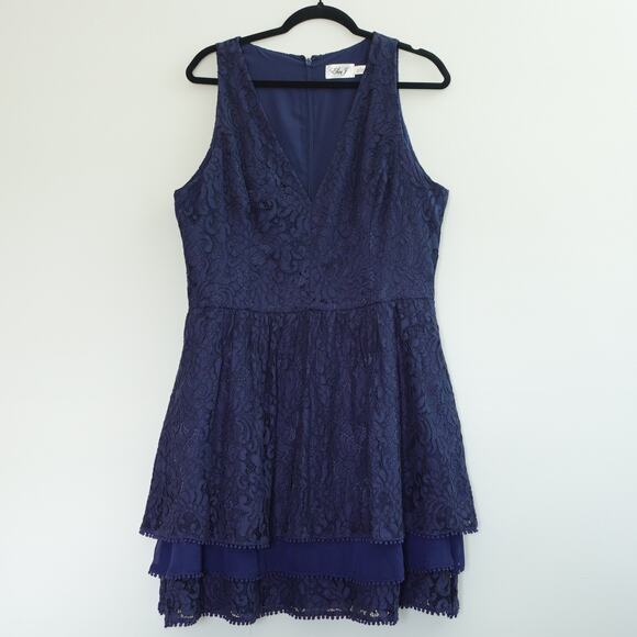 Eliza J Dresses & Skirts - Eliza J Navy Tiered Fit Flare Floral Lace Short Cocktail Party Dress Size 16